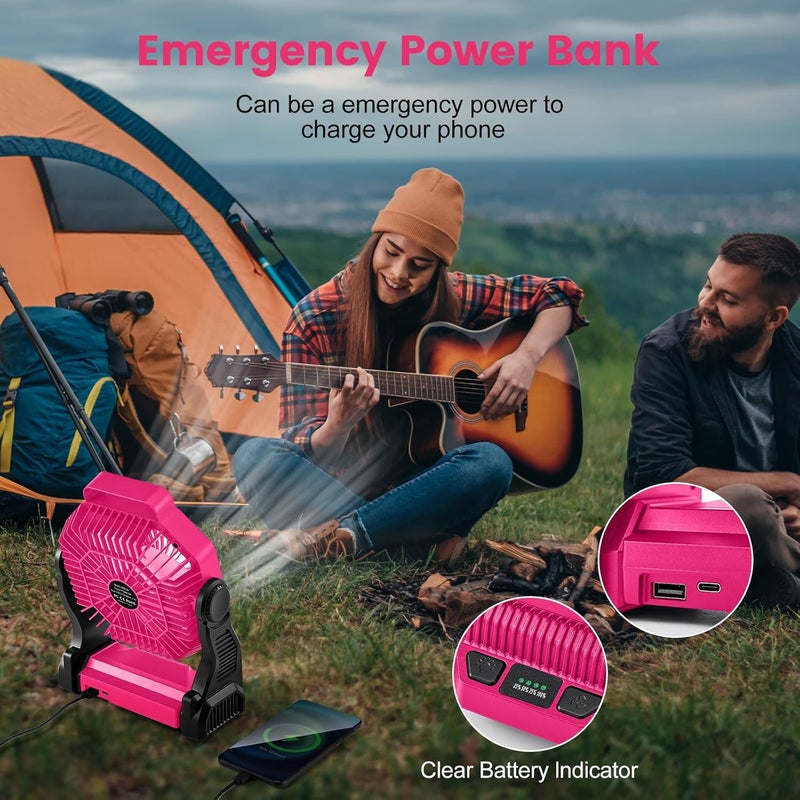 Odoland Rechargeable Camping Fan, 20000mAh Battery Fans with LED Lantern for Tent Car Beach Storm, Portable Light Desk Cooling Fan for Picnic Power Outage Hurricane, Pink - Image 4